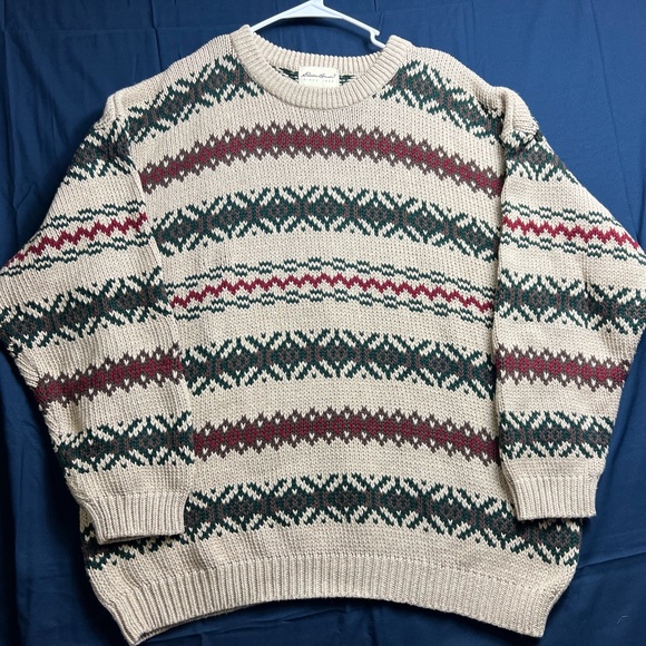 Vintage Men’s Eddie Bauer Fair Isle Knit Sweater Cotton 90s Sz XL Outdoors - Picture 2 of 16